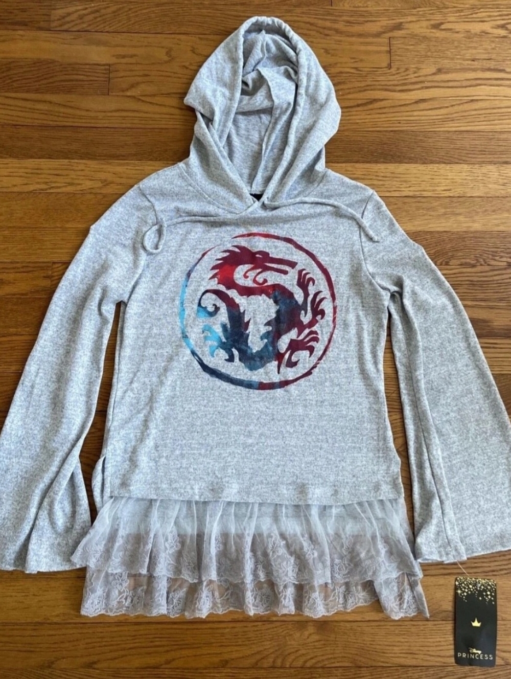 Prince Gray Hooded Sweatshirt with Mulan Dragon Graphic and Lace Hem